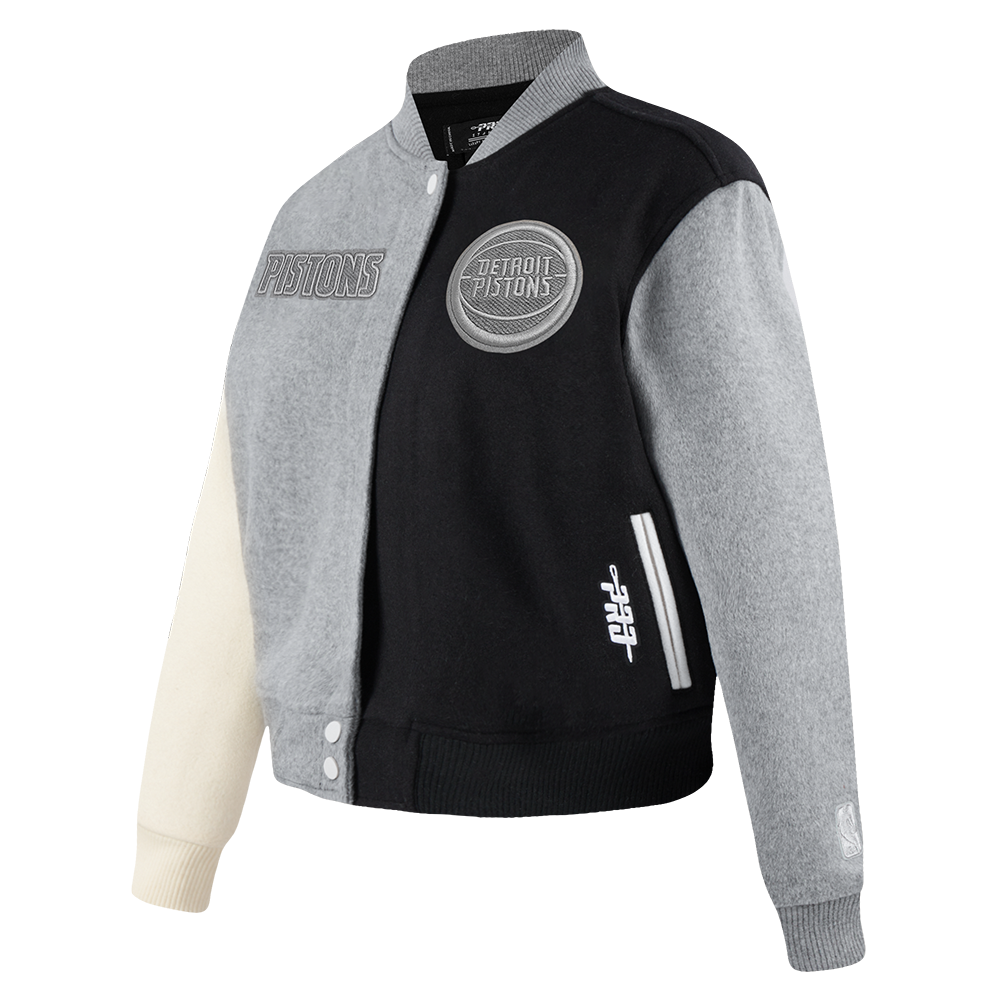 NBA DETROIT PISTONS REVERSE FRENCH TERRY WOMEN'S WOOL VARSITY JACKET (BLACK/GRAY/EGGSHELL)