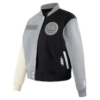 NBA DETROIT PISTONS REVERSE FRENCH TERRY WOMEN'S WOOL VARSITY JACKET (BLACK/GRAY/EGGSHELL)