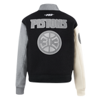 NBA DETROIT PISTONS REVERSE FRENCH TERRY WOMEN'S WOOL VARSITY JACKET (BLACK/GRAY/EGGSHELL)