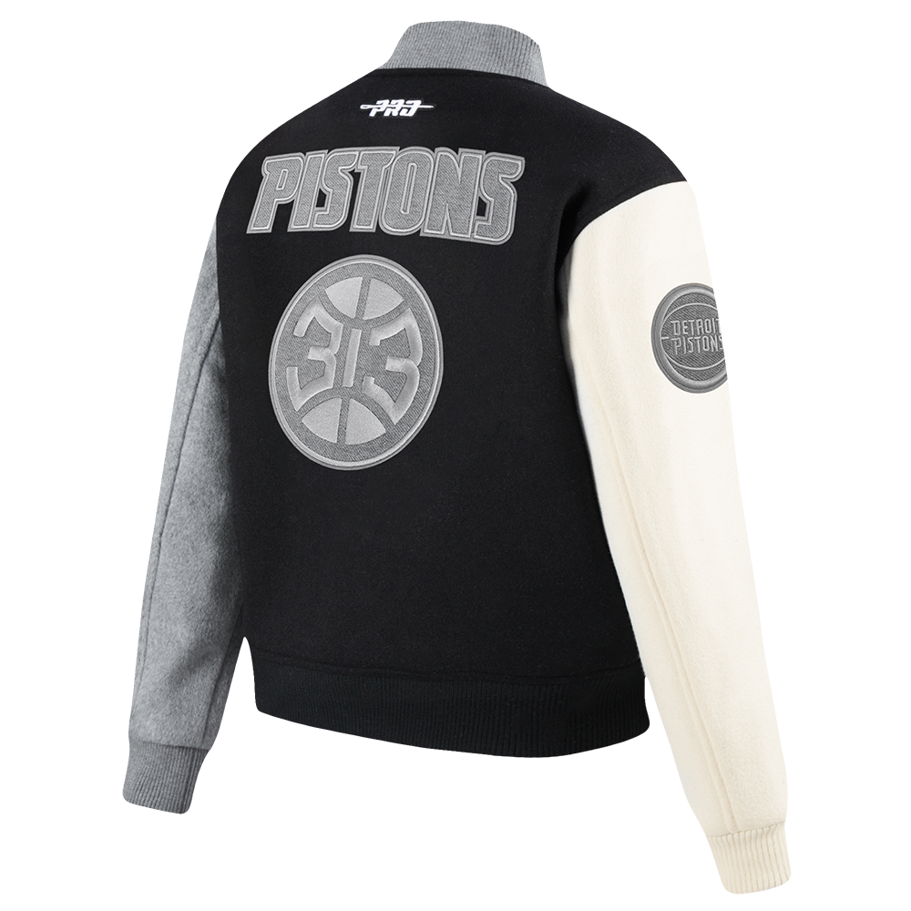 NBA DETROIT PISTONS REVERSE FRENCH TERRY WOMEN'S WOOL VARSITY JACKET (BLACK/GRAY/EGGSHELL)