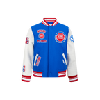 NBA DETROIT PISTONS RETRO CLASSIC BLOUSON COLLÉGIAL EN LAINE À BORDS CÔTELÉS POUR GARÇON ENFANT (BLEU ROYAL/ROUGE)