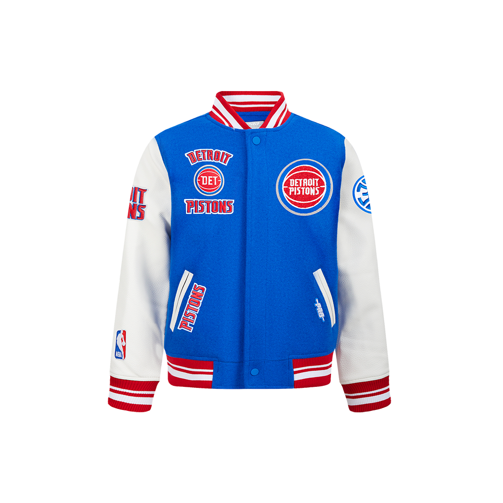 NBA DETROIT PISTONS RETRO CLASSIC BLOUSON COLLÉGIAL EN LAINE À BORDS CÔTELÉS POUR GARÇON ENFANT (BLEU ROYAL/ROUGE)