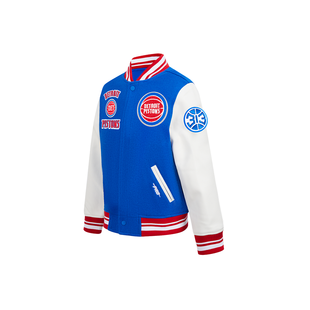 NBA DETROIT PISTONS RETRO CLASSIC BLOUSON COLLÉGIAL EN LAINE À BORDS CÔTELÉS POUR GARÇON ENFANT (BLEU ROYAL/ROUGE)