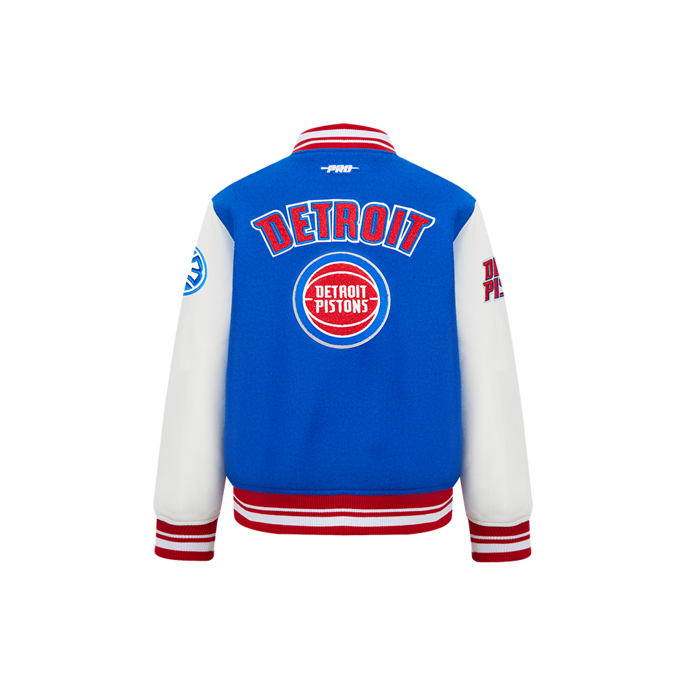 NBA DETROIT PISTONS RETRO CLASSIC BLOUSON COLLÉGIAL EN LAINE À BORDS CÔTELÉS POUR GARÇON ENFANT (BLEU ROYAL/ROUGE)