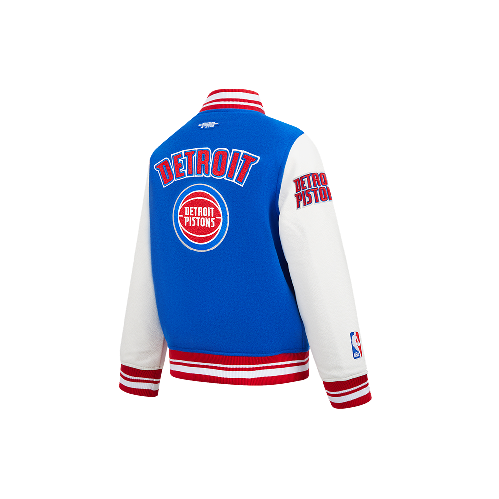 NBA DETROIT PISTONS RETRO CLASSIC BLOUSON COLLÉGIAL EN LAINE À BORDS CÔTELÉS POUR GARÇON ENFANT (BLEU ROYAL/ROUGE)