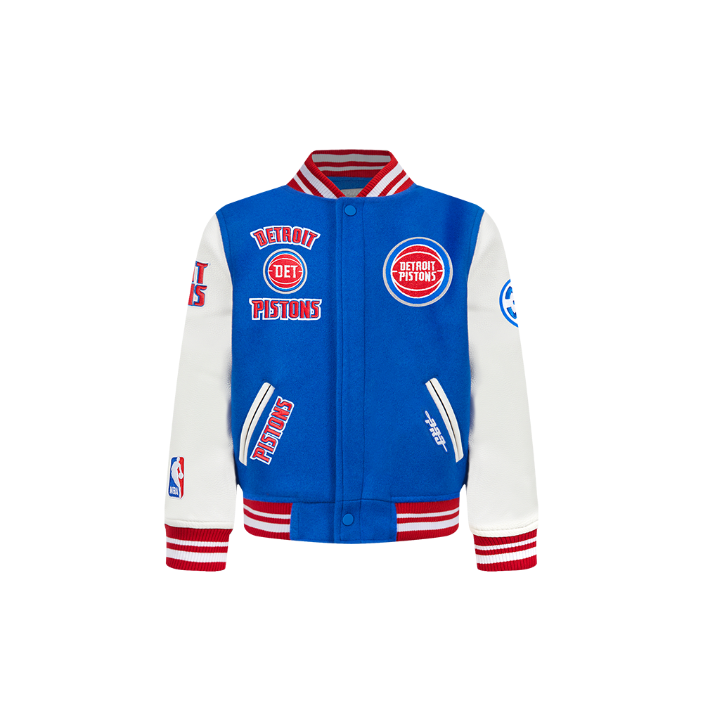 NBA DETROIT PISTONS RETRO CLASSIC BLOUSON COLLÉGIAL EN LAINE À BORDS CÔTELÉS POUR GARÇON BAMBIN (BLEU ROYAL/ROUGE)