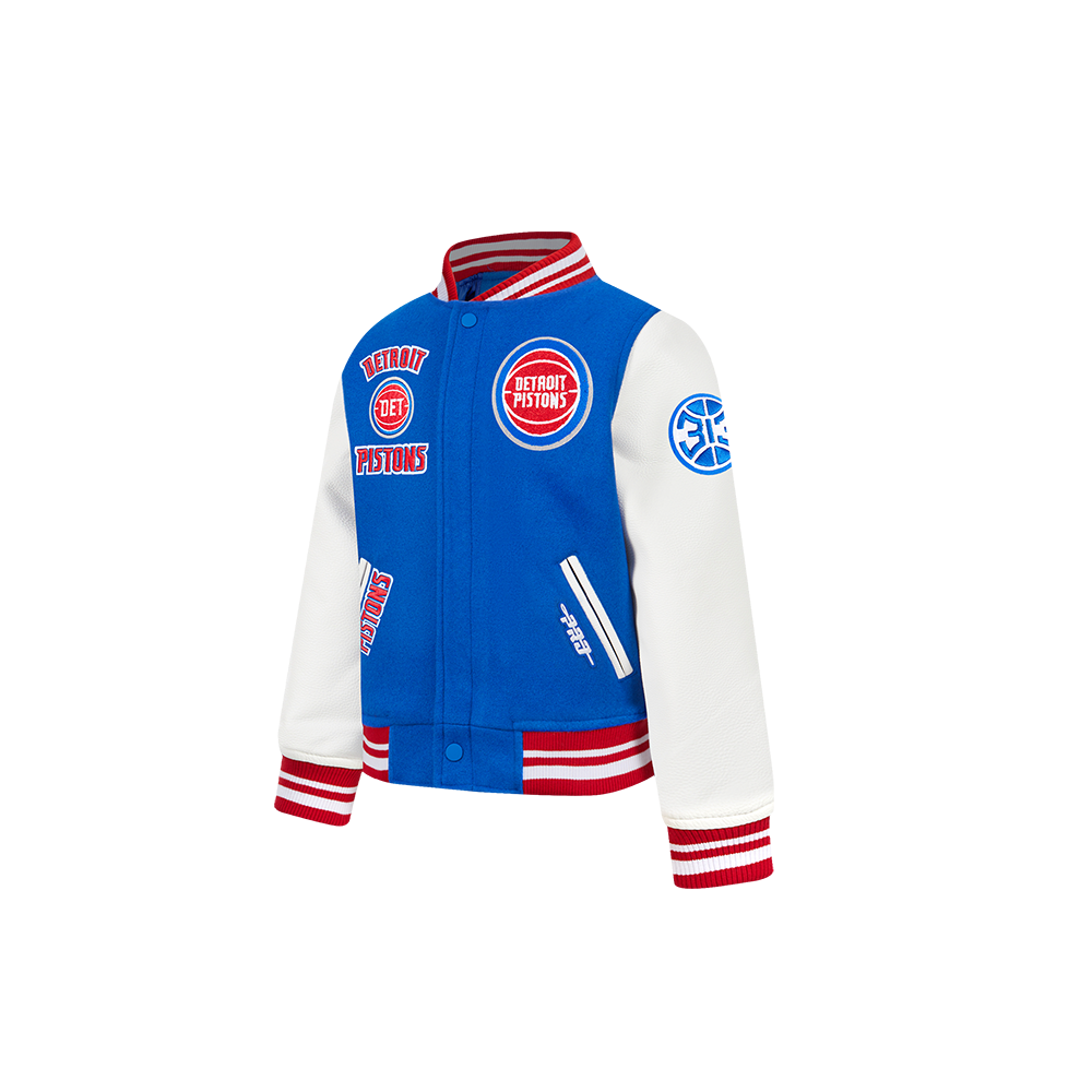 NBA DETROIT PISTONS RETRO CLASSIC BLOUSON COLLÉGIAL EN LAINE À BORDS CÔTELÉS POUR GARÇON BAMBIN (BLEU ROYAL/ROUGE)
