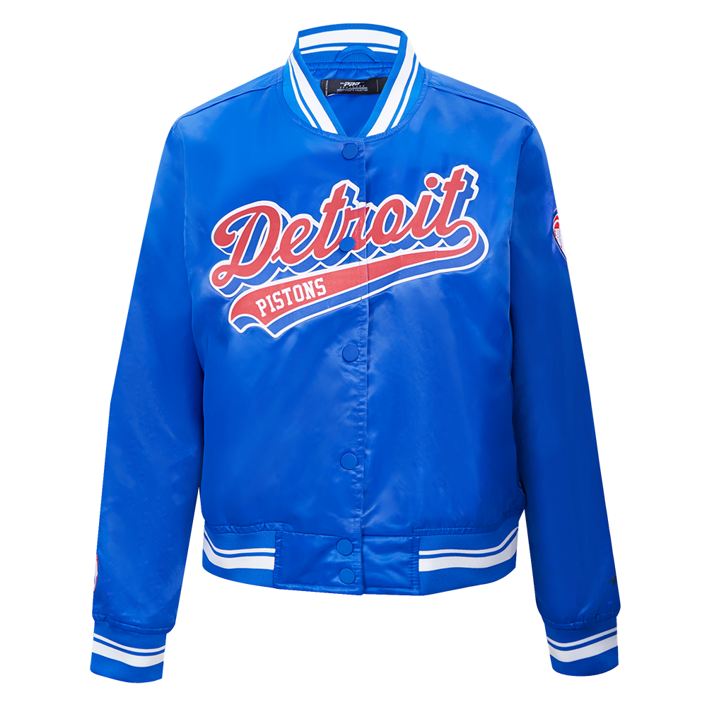 NBA DETROIT PISTONS SCRIPT TAIL WOMEN'S SATIN JACKET (ROYAL BLUE)