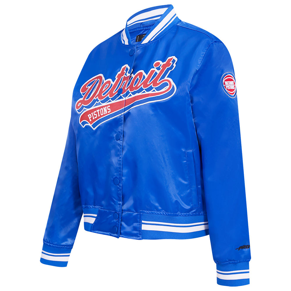 NBA DETROIT PISTONS SCRIPT TAIL WOMEN'S SATIN JACKET (ROYAL BLUE)