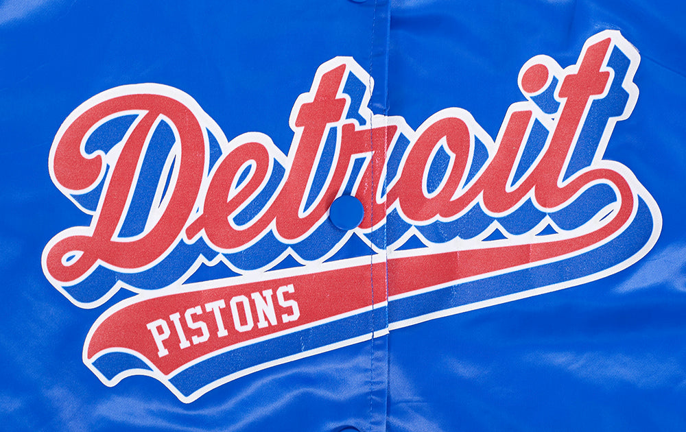 NBA DETROIT PISTONS SCRIPT TAIL WOMEN'S SATIN JACKET (ROYAL BLUE)