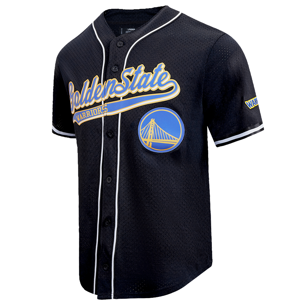 NBA GOLDEN STATE WARRIORS SCRIPT TAIL MEN'S MESH BUTTON DOWN SHIRT (BLACK)