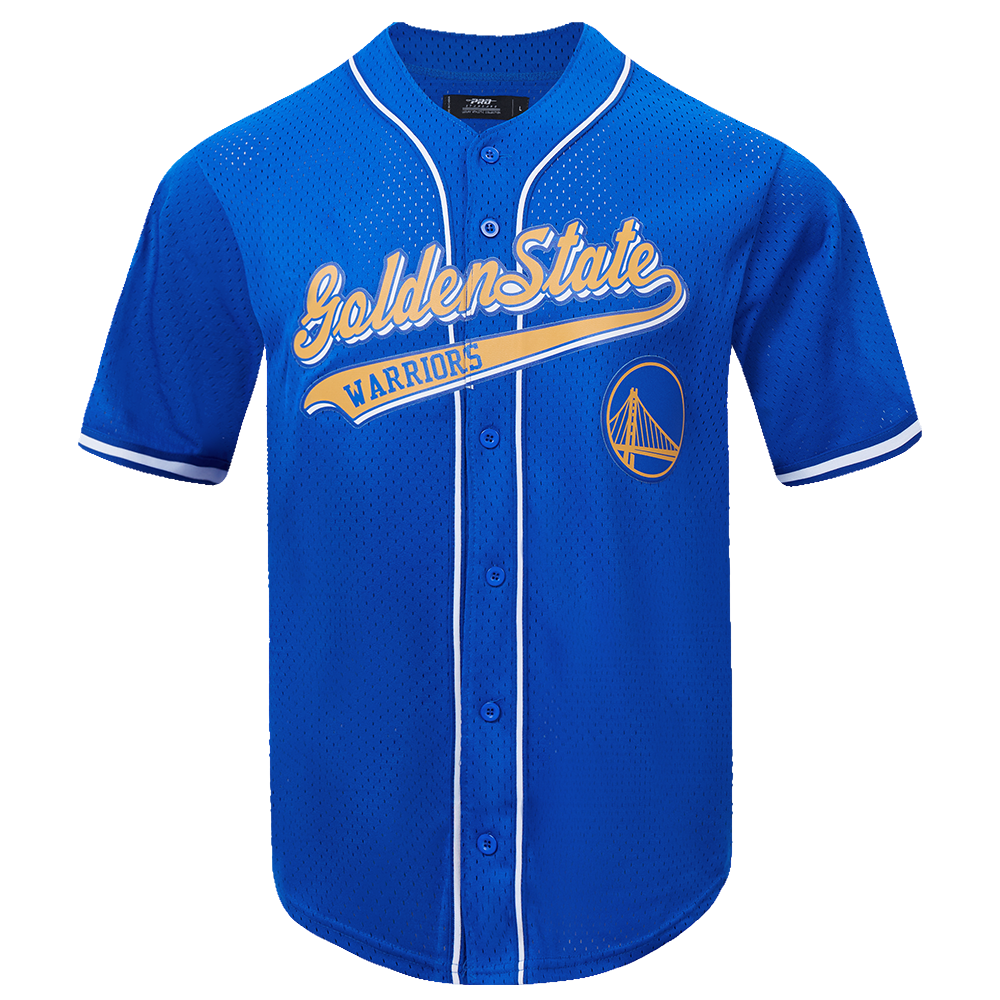 NBA GOLDEN STATE WARRIORS SCRIPT TAIL MEN'S MESH BUTTON DOWN SHIRT (ROYAL BLUE)