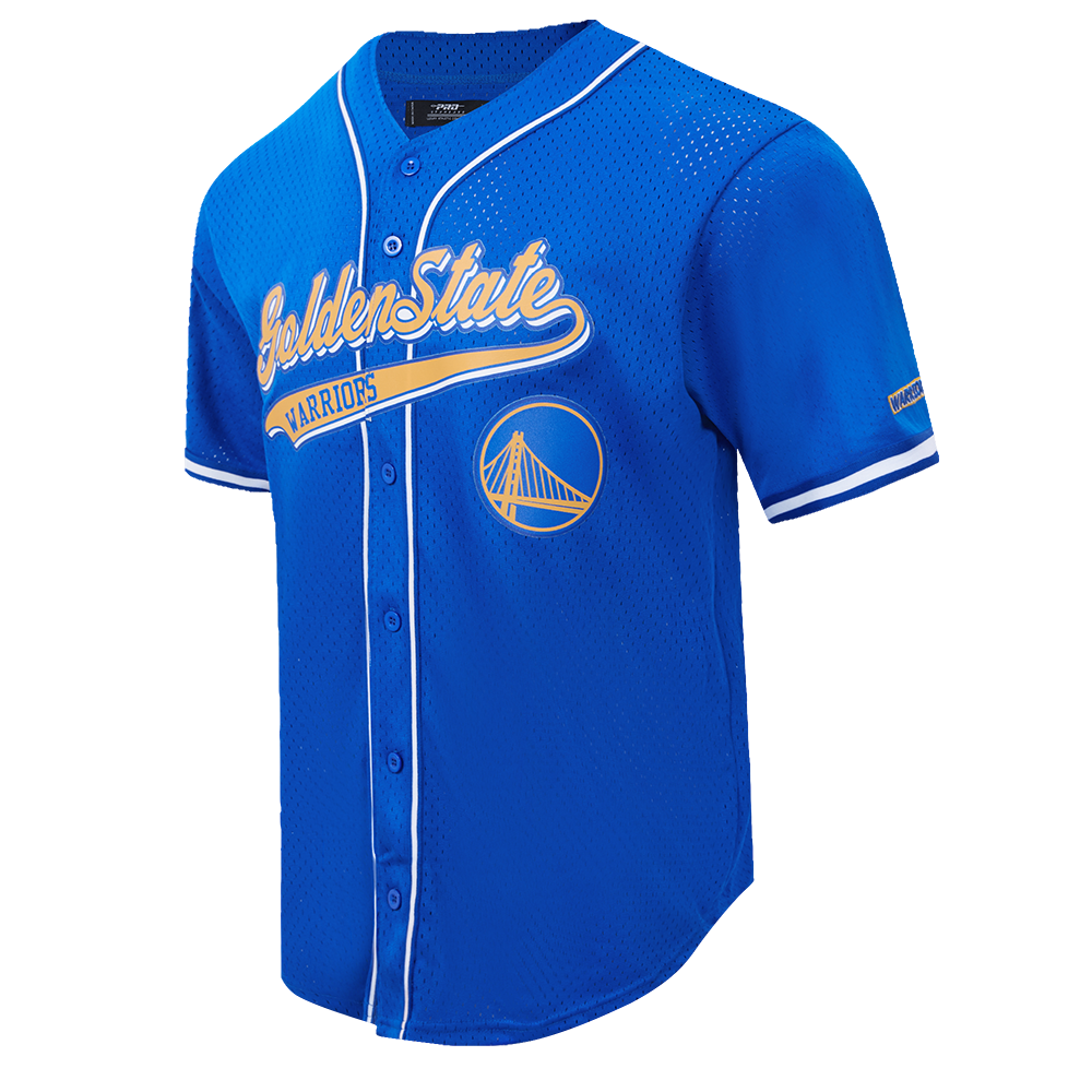 NBA GOLDEN STATE WARRIORS SCRIPT TAIL MEN'S MESH BUTTON DOWN SHIRT (ROYAL BLUE)