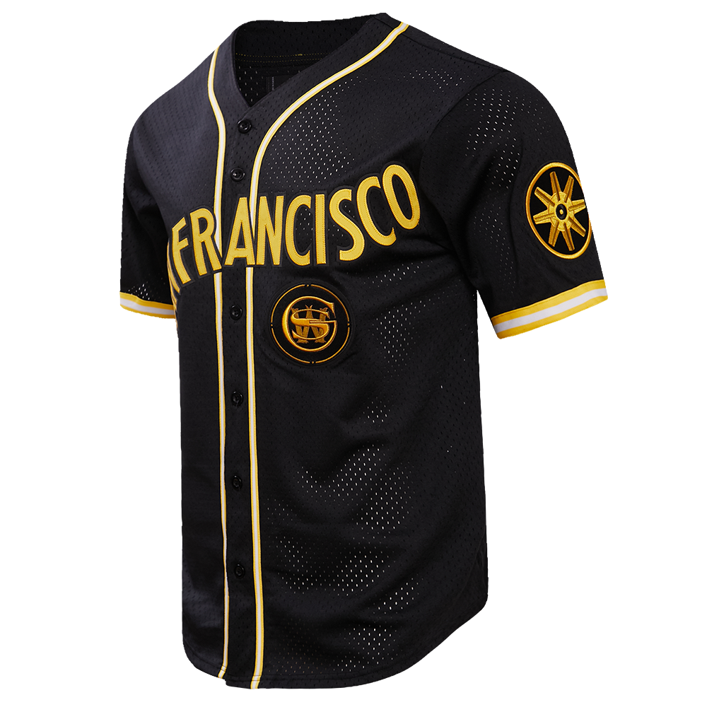 NBA GOLDEN STATE WARRIORS MEN'S CHEST BAY AREA MESH BUTTON DOWN SHIRT (BLACK/YELLOW)