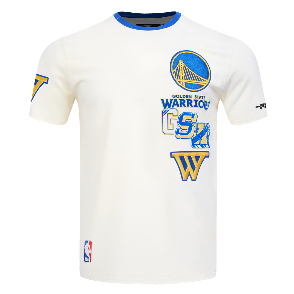 NBA GOLDEN STATE WARRIORS RETRO CASCADE T-SHIRT À BORDURES CONTRASTANTES POUR HOMME (COQUILLE D'ŒUF/BLEU ROYAL)