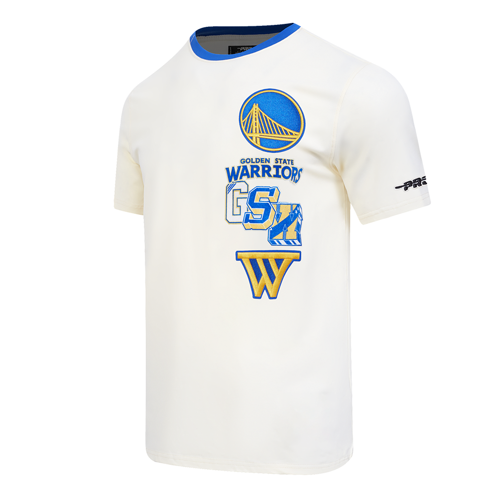 NBA GOLDEN STATE WARRIORS RETRO CASCADE T-SHIRT À BORDURES CONTRASTANTES POUR HOMME (COQUILLE D'ŒUF/BLEU ROYAL)