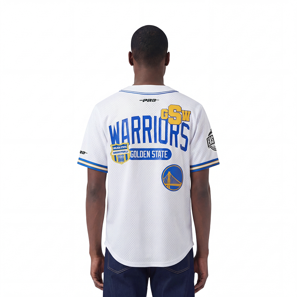 NBA GOLDEN STATE WARRIORS LETTERMAN MEN'S BUTTON DOWN MESH TOP (WHITE/ROYAL BLUE)