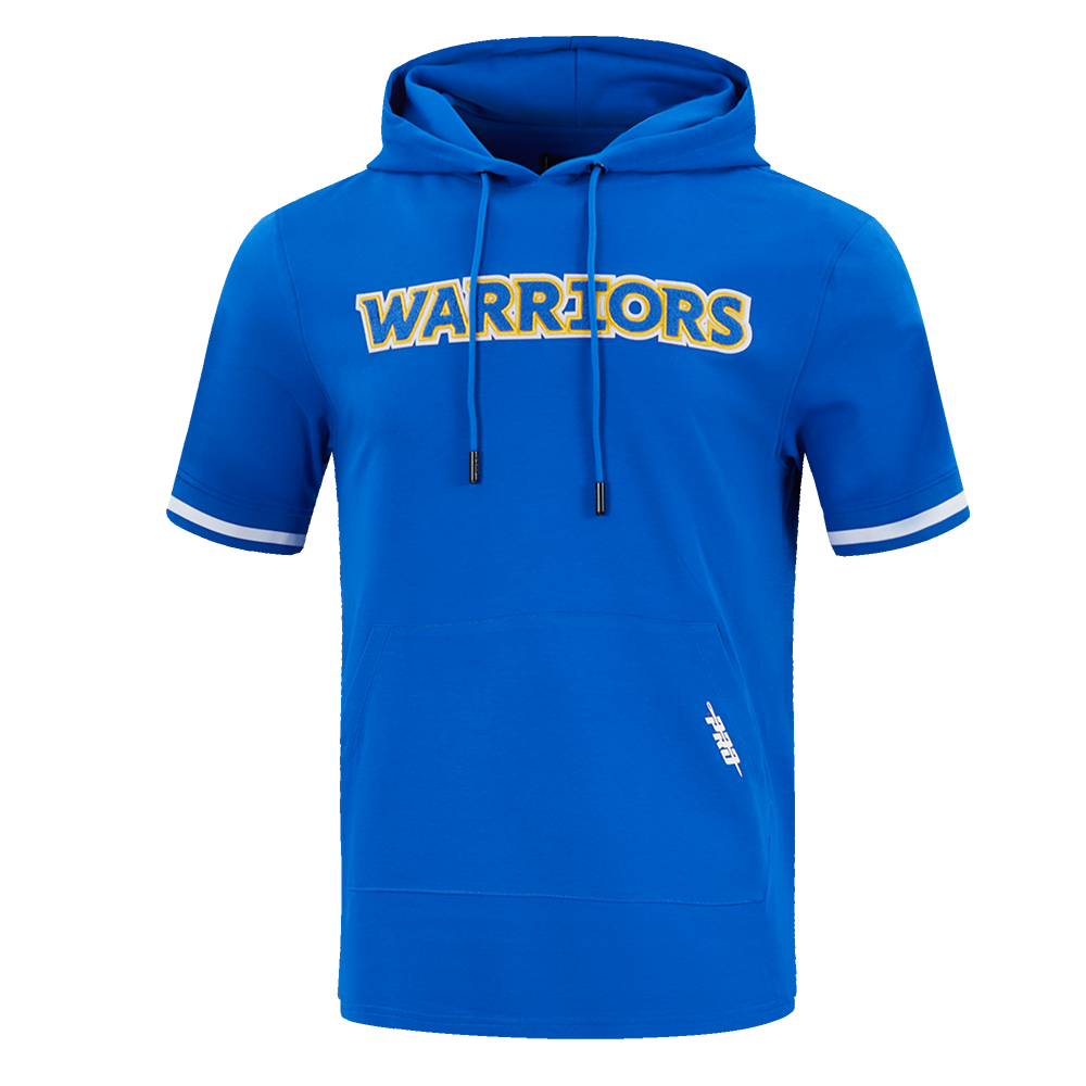 NBA GOLDEN STATE WARRIORS CLASSIC CHANDAIL À CAPUCHON À MANCHES COURTES EN MAILLE DOUBLE ET CHENILLE POUR HOMME (BLEU ROYAL)