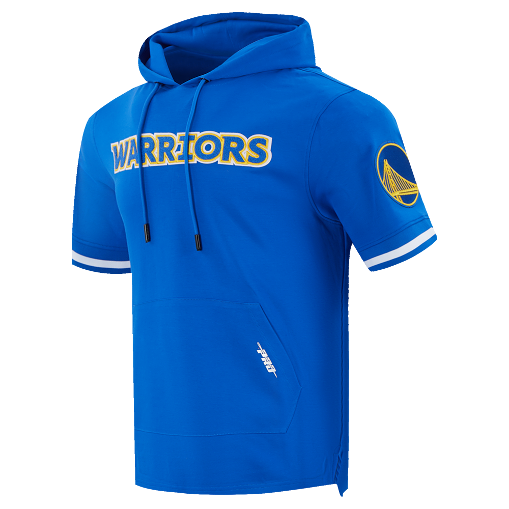 NBA GOLDEN STATE WARRIORS CLASSIC CHANDAIL À CAPUCHON À MANCHES COURTES EN MAILLE DOUBLE ET CHENILLE POUR HOMME (BLEU ROYAL)