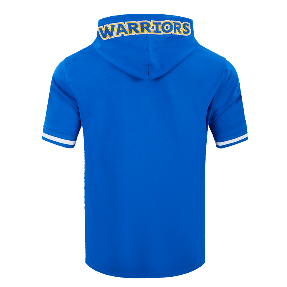 NBA GOLDEN STATE WARRIORS CLASSIC CHANDAIL À CAPUCHON À MANCHES COURTES EN MAILLE DOUBLE ET CHENILLE POUR HOMME (BLEU ROYAL)