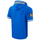 NBA GOLDEN STATE WARRIORS CLASSIC CHANDAIL À CAPUCHON À MANCHES COURTES EN MAILLE DOUBLE ET CHENILLE POUR HOMME (BLEU ROYAL)