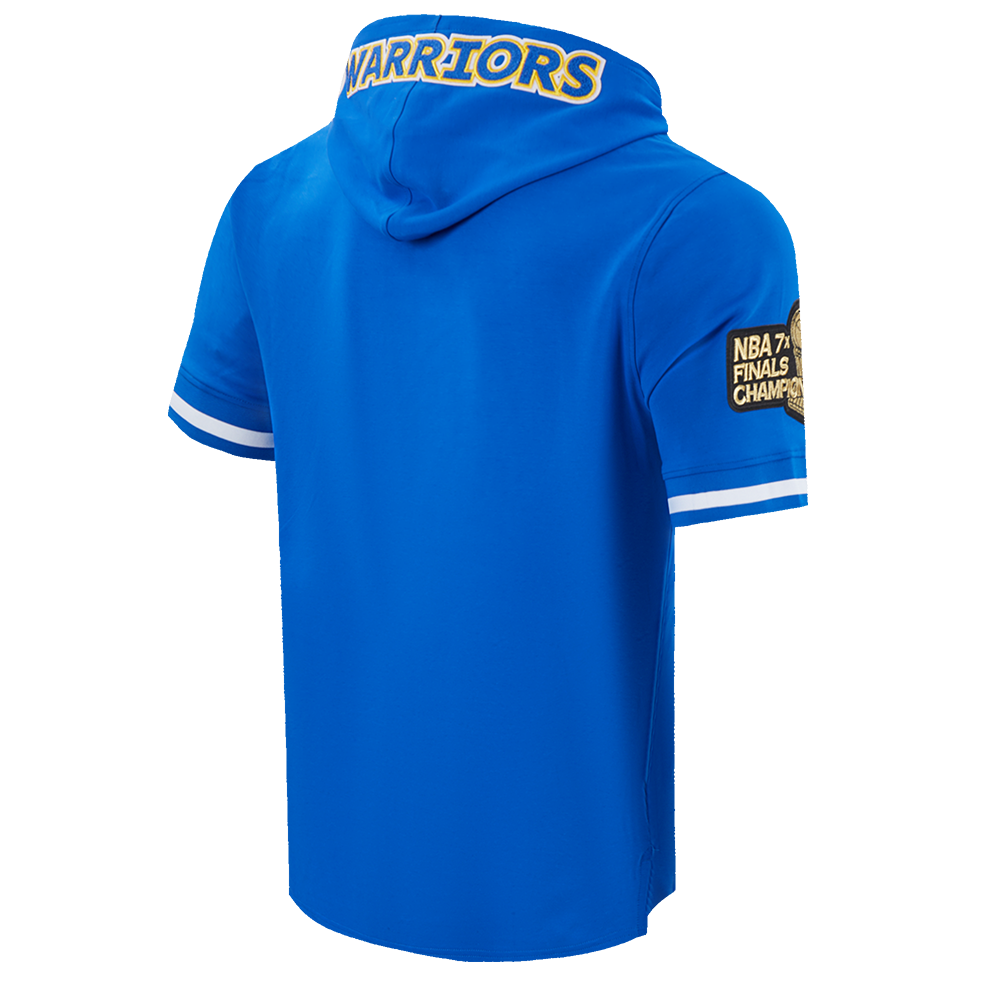 NBA GOLDEN STATE WARRIORS CLASSIC CHANDAIL À CAPUCHON À MANCHES COURTES EN MAILLE DOUBLE ET CHENILLE POUR HOMME (BLEU ROYAL)