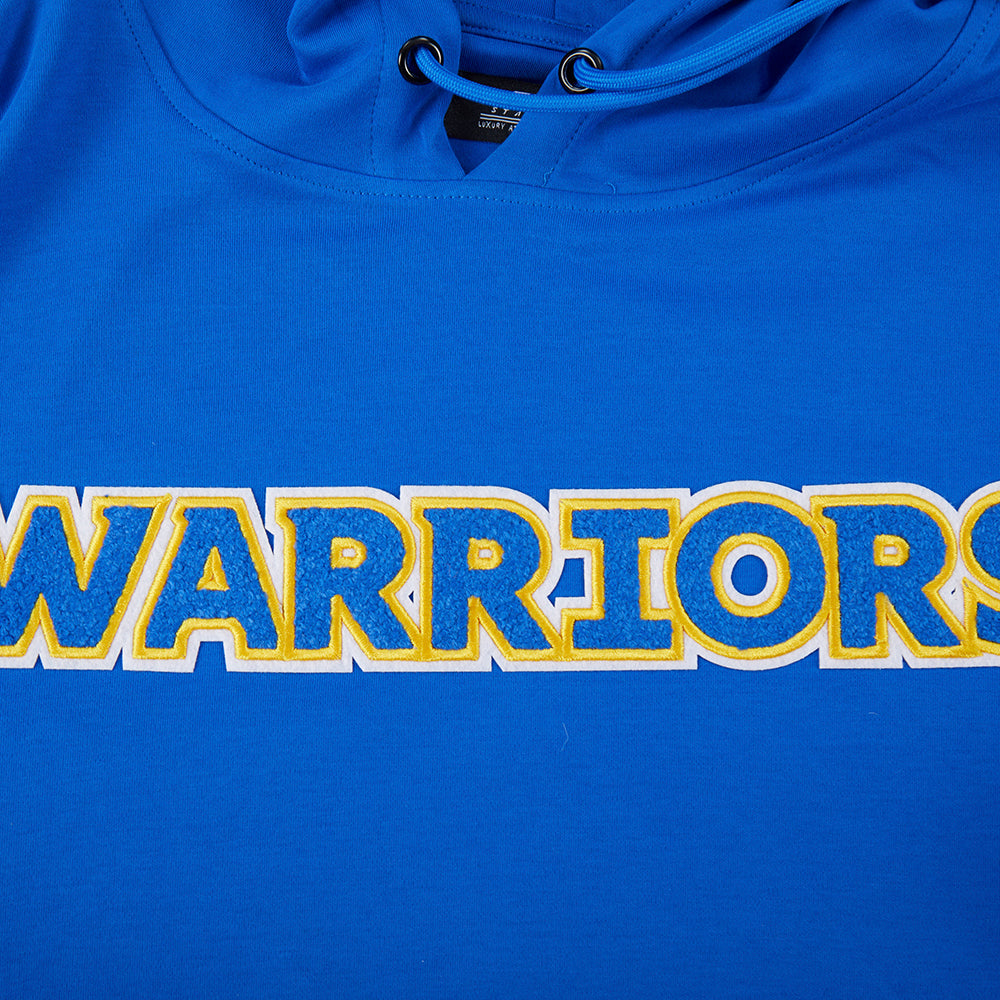 NBA GOLDEN STATE WARRIORS CLASSIC CHANDAIL À CAPUCHON À MANCHES COURTES EN MAILLE DOUBLE ET CHENILLE POUR HOMME (BLEU ROYAL)
