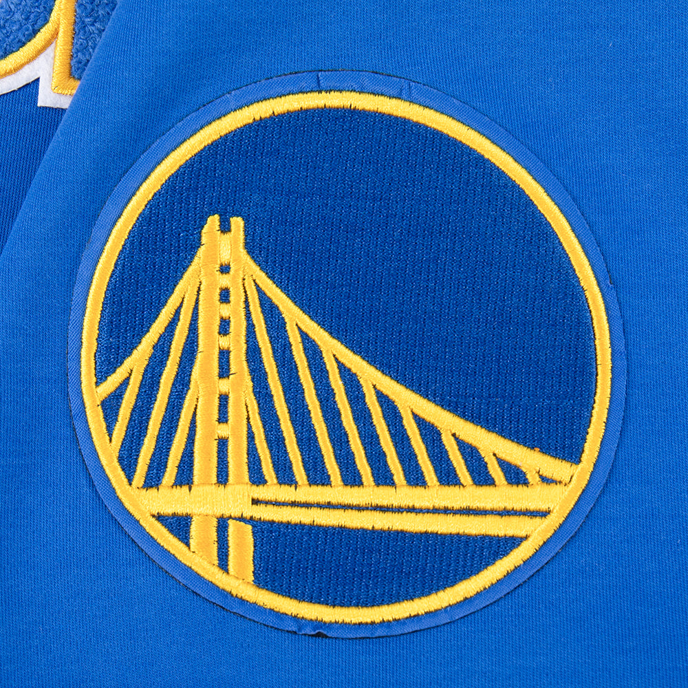 NBA GOLDEN STATE WARRIORS CLASSIC CHANDAIL À CAPUCHON À MANCHES COURTES EN MAILLE DOUBLE ET CHENILLE POUR HOMME (BLEU ROYAL)