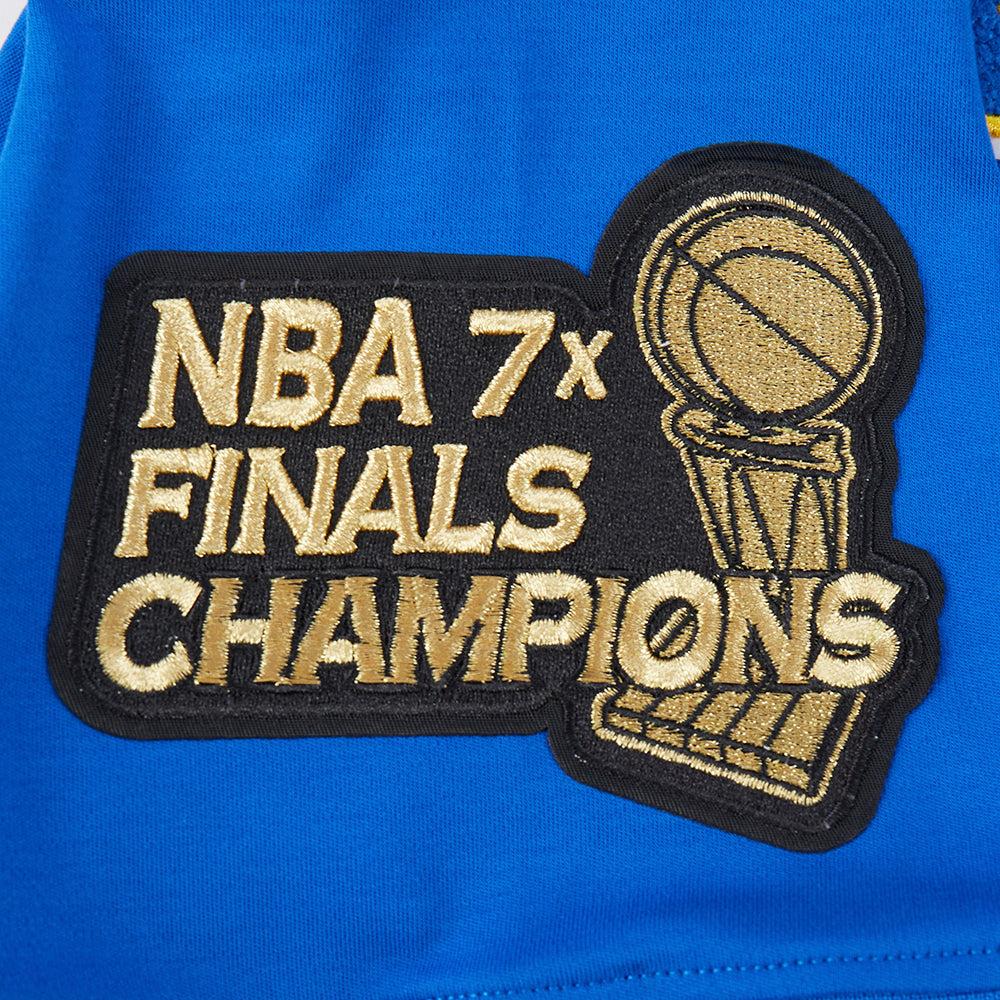 NBA GOLDEN STATE WARRIORS CLASSIC CHANDAIL À CAPUCHON À MANCHES COURTES EN MAILLE DOUBLE ET CHENILLE POUR HOMME (BLEU ROYAL)