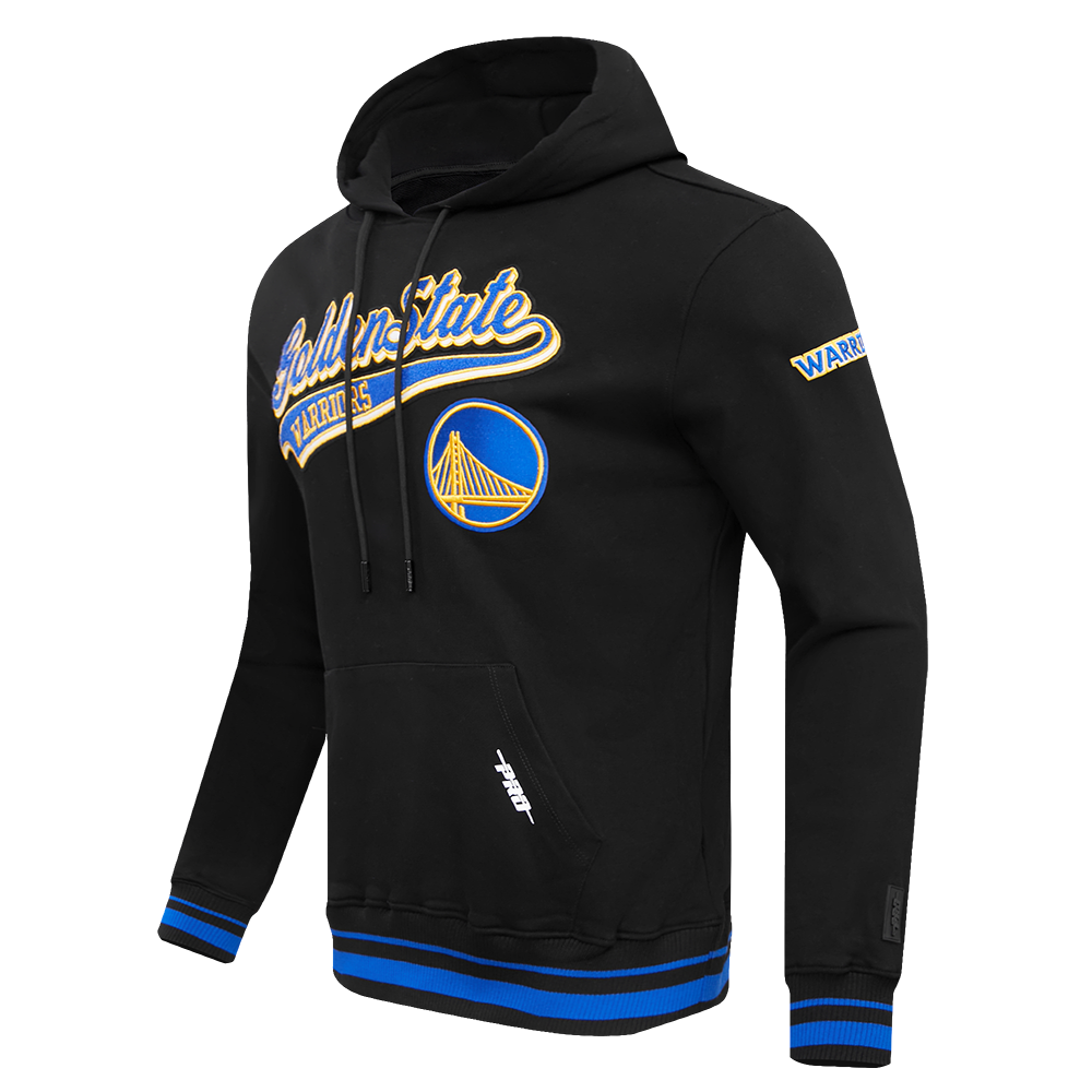 NBA GOLDEN STATE WARRIORS SCRIPT TAIL MEN'S RIB FLEECE PULLOVER HOODIE (BLACK/ROYAL BLUE/BLACK)