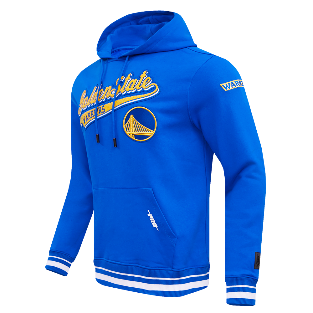 NBA GOLDEN STATE WARRIORS SCRIPT TAIL MEN'S RIB FLEECE PULLOVER HOODIE (ROYAL BLUE)