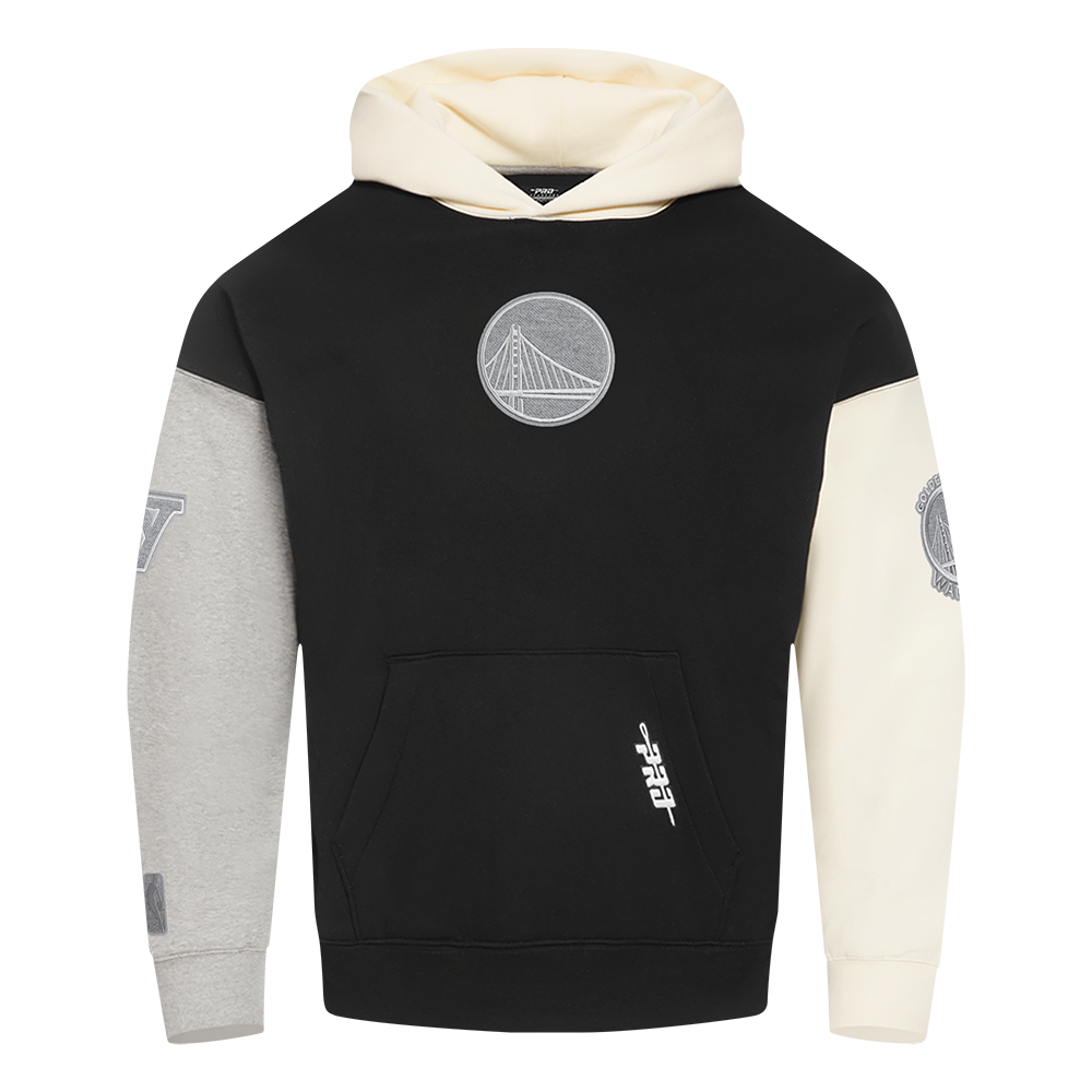NBA GOLDEN STATE WARRIORS REVERSE FRENCH TERRY CHANDAIL À CAPUCHON EN MOLLETON À BLOCS DE COULEUR POUR HOMME (NOIR/GRIS/COQUILLE D'ŒUF)