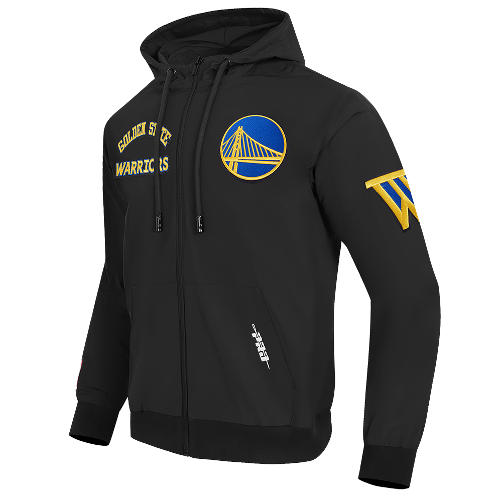 NBA GOLDEN STATE WARRIORS CLASSIC WIND SUIT MEN'S WOVEN FULL ZIP PULLOVER HOODIE (BLACK)