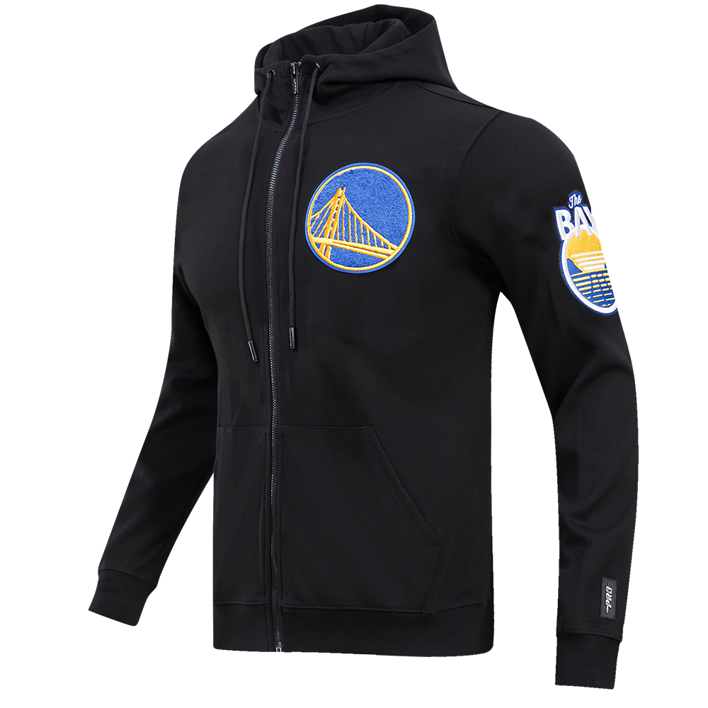 NBA GOLDEN STATE WARRIORS CLASSIC CHENILLE MEN'S FULL ZIP PULLOVER HOODIE (BLACK)