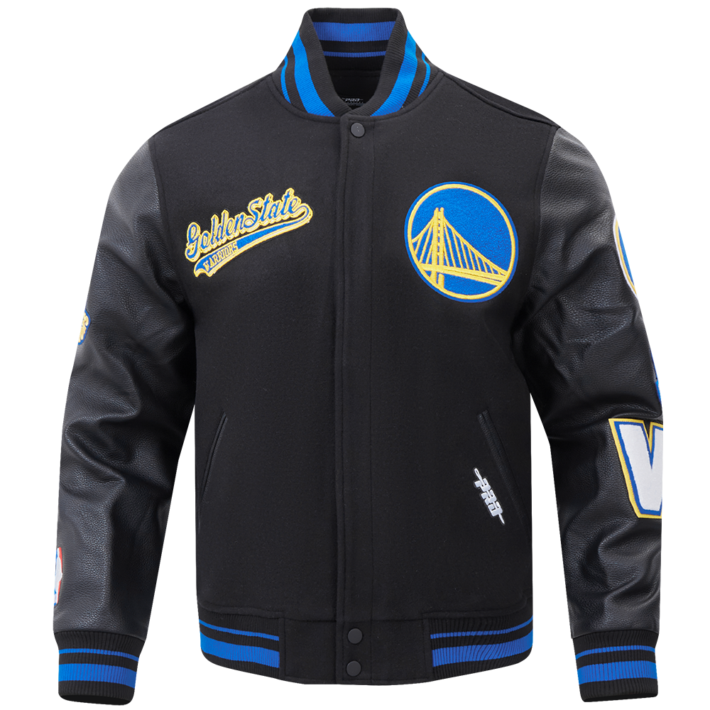 NBA GOLDEN STATE WARRIORS SCRIPT TAIL MEN'S VARSITY JACKET (BLACK/ROYAL BLUE/BLACK)