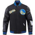 NBA GOLDEN STATE WARRIORS SCRIPT TAIL MEN'S VARSITY JACKET (BLACK/ROYAL BLUE/BLACK)