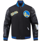 NBA GOLDEN STATE WARRIORS SCRIPT TAIL MEN'S VARSITY JACKET (BLACK/ROYAL BLUE/BLACK)