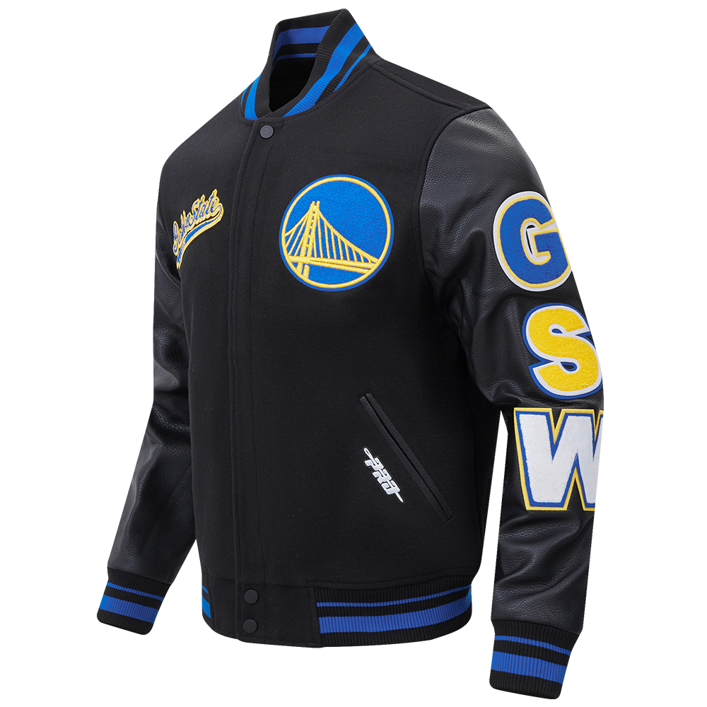 NBA GOLDEN STATE WARRIORS SCRIPT TAIL MEN'S VARSITY JACKET (BLACK/ROYAL BLUE/BLACK)