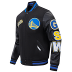 NBA GOLDEN STATE WARRIORS SCRIPT TAIL MEN'S VARSITY JACKET (BLACK/ROYAL BLUE/BLACK)