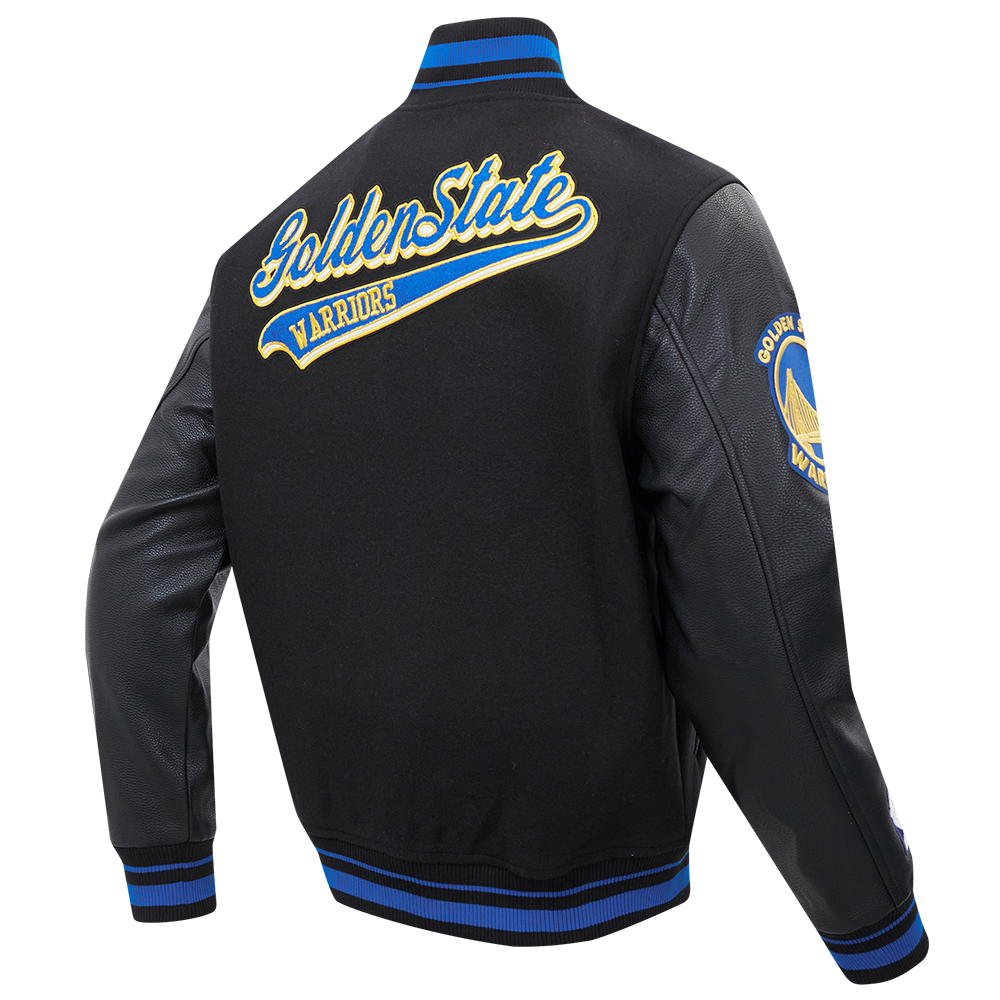 NBA GOLDEN STATE WARRIORS SCRIPT TAIL MEN'S VARSITY JACKET (BLACK/ROYAL BLUE/BLACK)