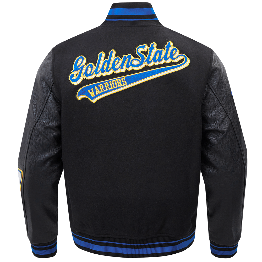 NBA GOLDEN STATE WARRIORS SCRIPT TAIL MEN'S VARSITY JACKET (BLACK/ROYAL BLUE/BLACK)