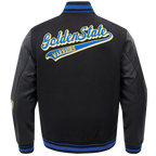 NBA GOLDEN STATE WARRIORS SCRIPT TAIL MEN'S VARSITY JACKET (BLACK/ROYAL BLUE/BLACK)