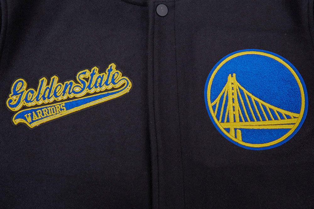 NBA GOLDEN STATE WARRIORS SCRIPT TAIL MEN'S VARSITY JACKET (BLACK/ROYAL BLUE/BLACK)