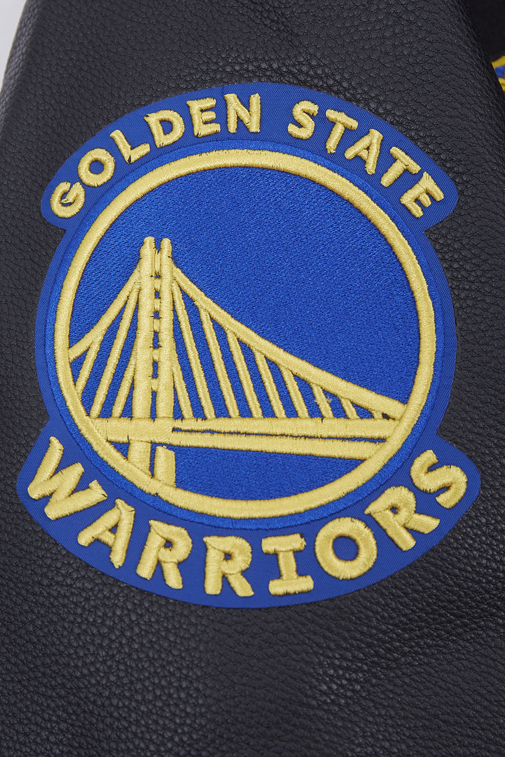 NBA GOLDEN STATE WARRIORS SCRIPT TAIL MEN'S VARSITY JACKET (BLACK/ROYAL BLUE/BLACK)