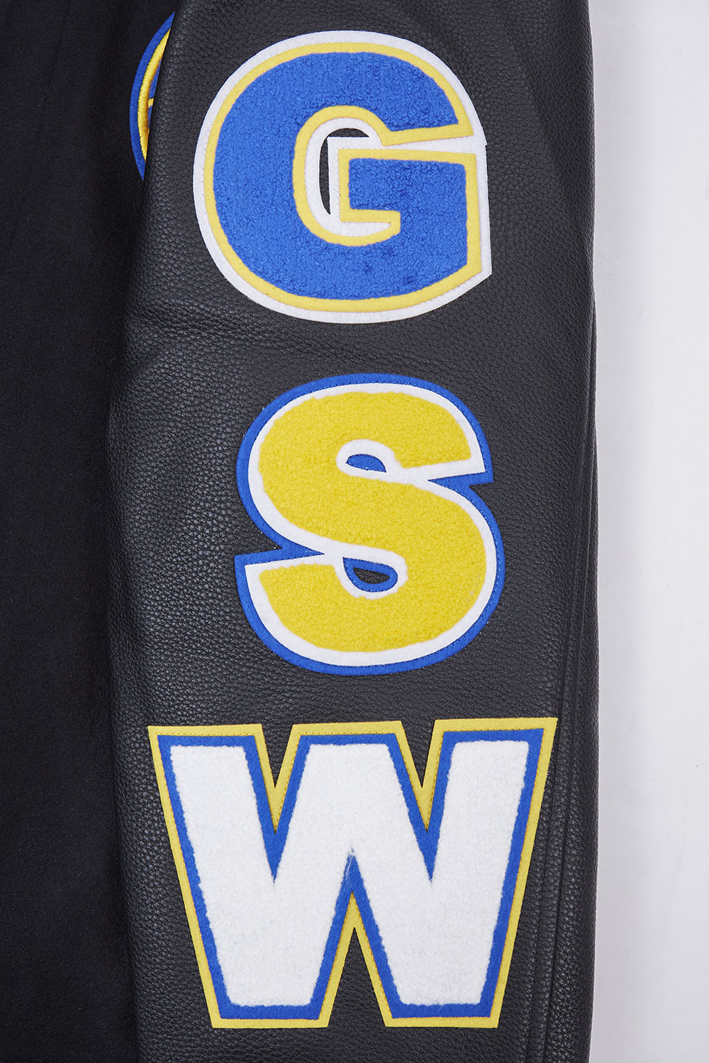 NBA GOLDEN STATE WARRIORS SCRIPT TAIL MEN'S VARSITY JACKET (BLACK/ROYAL BLUE/BLACK)
