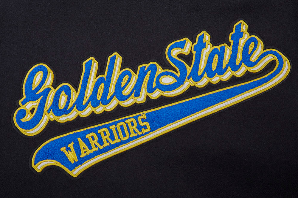 NBA GOLDEN STATE WARRIORS SCRIPT TAIL MEN'S VARSITY JACKET (BLACK/ROYAL BLUE/BLACK)