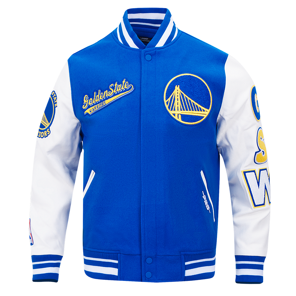 NBA GOLDEN STATE WARRIORS SCRIPT TAIL MEN'S VARSITY JACKET (ROYAL BLUE/WHITE)
