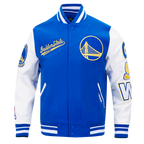 NBA GOLDEN STATE WARRIORS SCRIPT TAIL MEN'S VARSITY JACKET (ROYAL BLUE/WHITE)