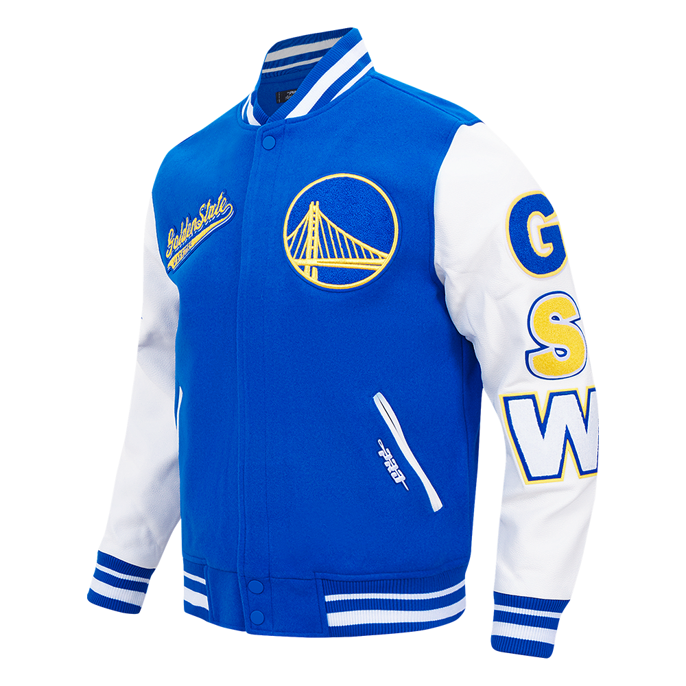 NBA GOLDEN STATE WARRIORS SCRIPT TAIL MEN'S VARSITY JACKET (ROYAL BLUE/WHITE)