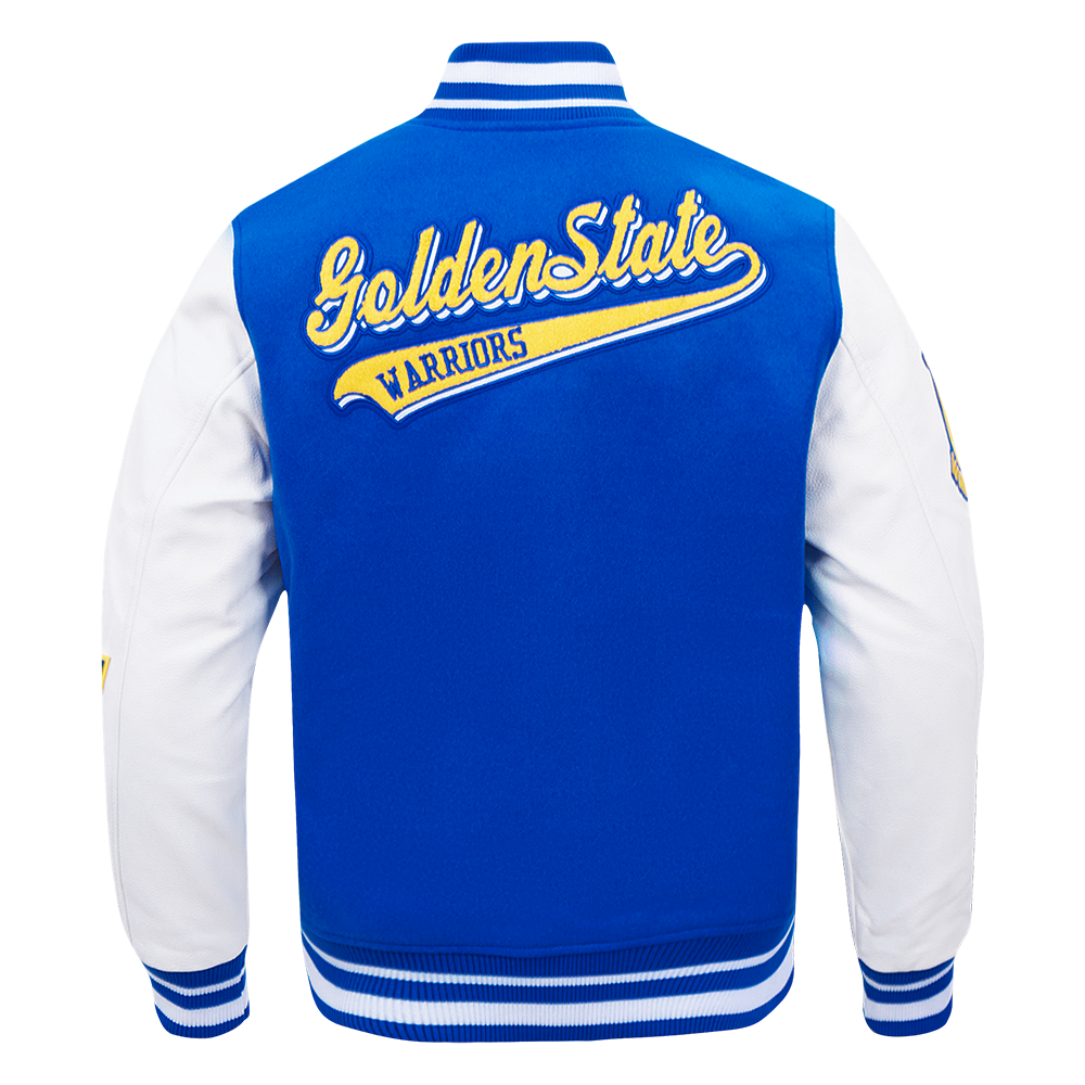 NBA GOLDEN STATE WARRIORS SCRIPT TAIL MEN'S VARSITY JACKET (ROYAL BLUE/WHITE)